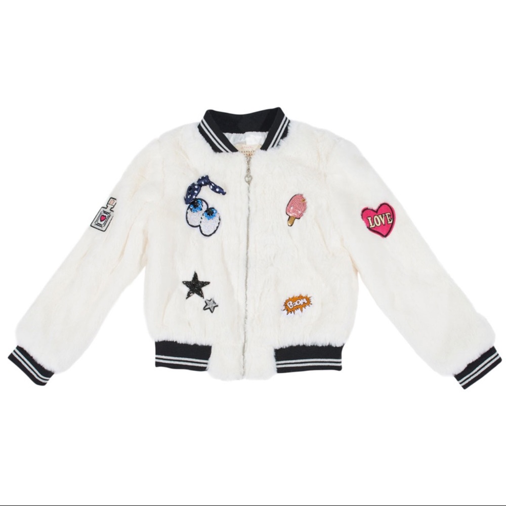 NWT Plush Faux Fur Bomber Jacket w/Fashion Patches - Picture 2 of 4